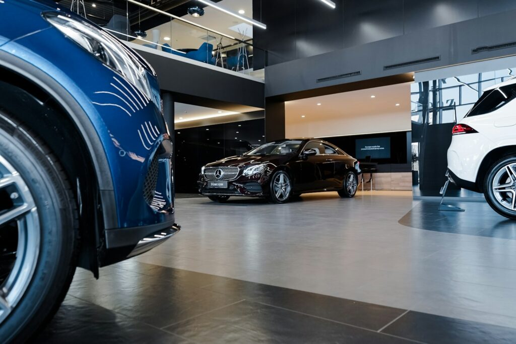 black and blue car in a building